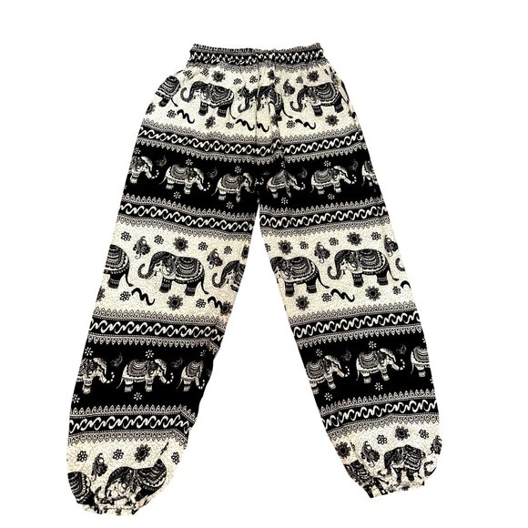 CCC Black Beige Elephant Print Rayon Pants Drawstring Waist Made In Thailand Med - Picture 2 of 6